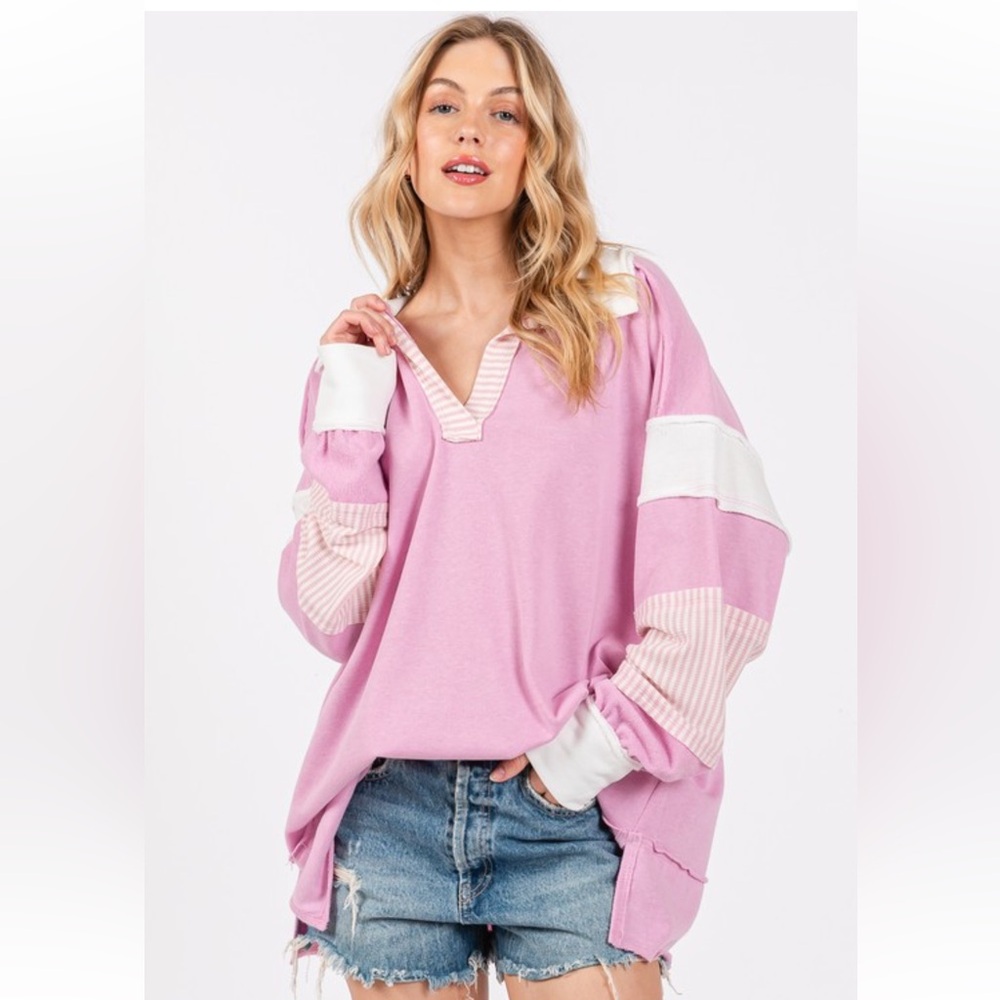 ShopEvelynne Pink and White Oversized V-Neck Sweatshirt